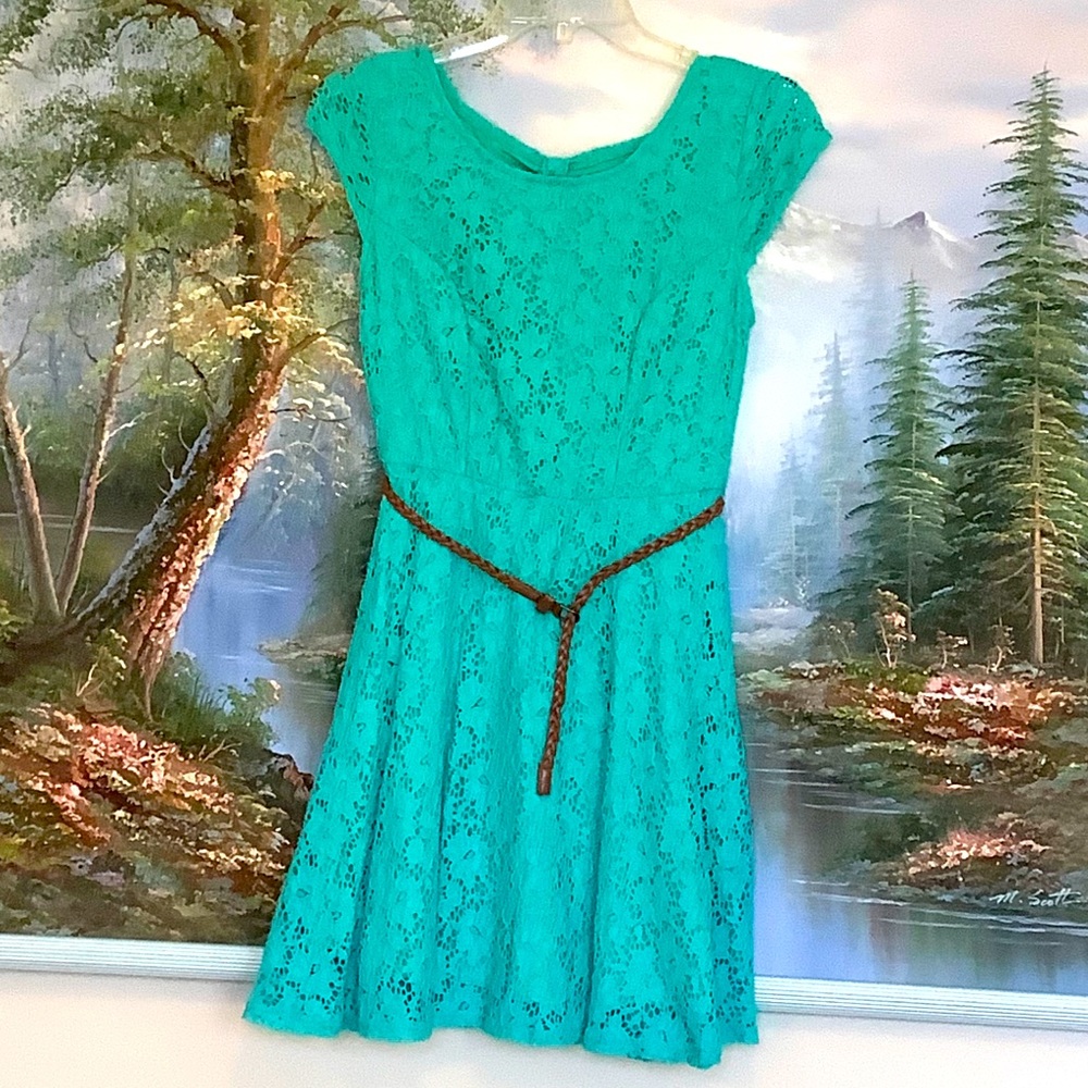 Casual Aqua Lace Mini Dress With Brown Belt